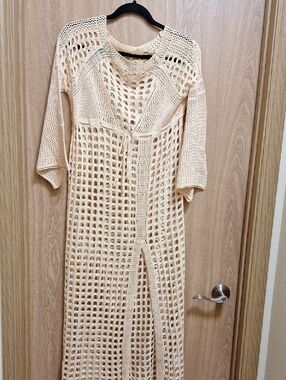 Women's Cream Crochet Swim Cover-Up Maxi